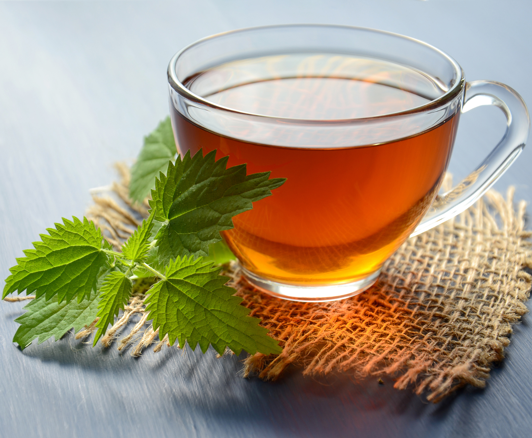 Cup with healthy tea and mint leaves