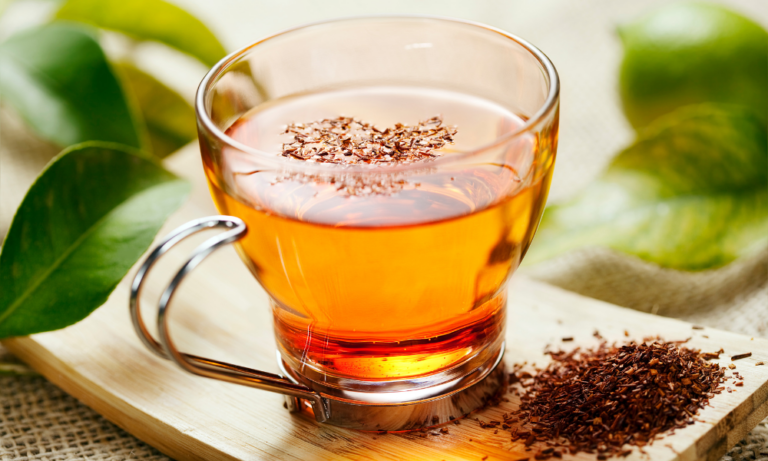Freshly brewed Rooibos tea in a transparent cup