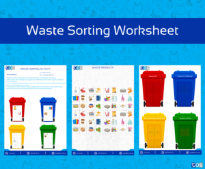 Waste sorting worksheet with different waste bins