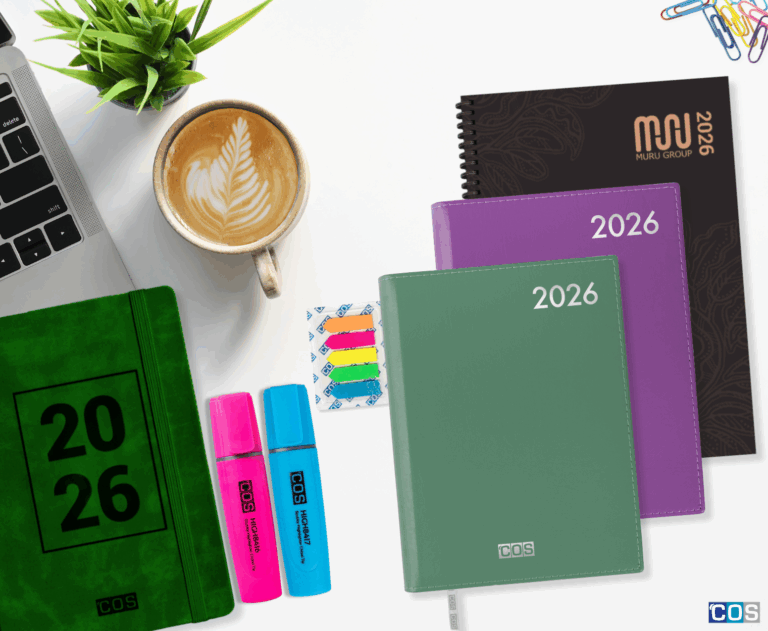 2026 diaries and highlighters scattered on office desk