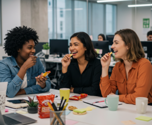 Three women sitting in workplace and eating snacks