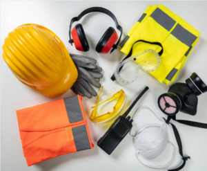 Work safety protection equipment background. Industrial protective gear