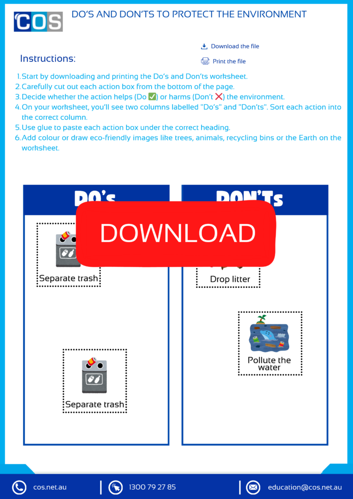 A colourful Earth Day worksheet showing a list of Do’s and Don’ts for protecting the environment
