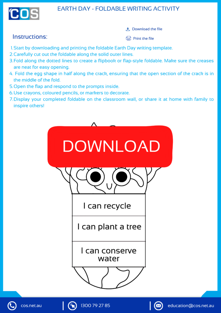 The worksheet shows a foldable template with prompts for students to write about ways they can protect the environment, such as recycling, saving water, and planting trees.