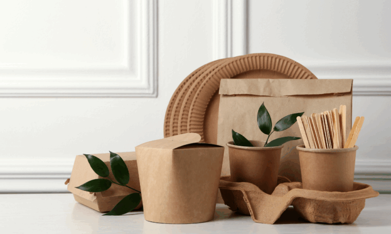 Disposable Eco Friendly Products on White Wooden Table