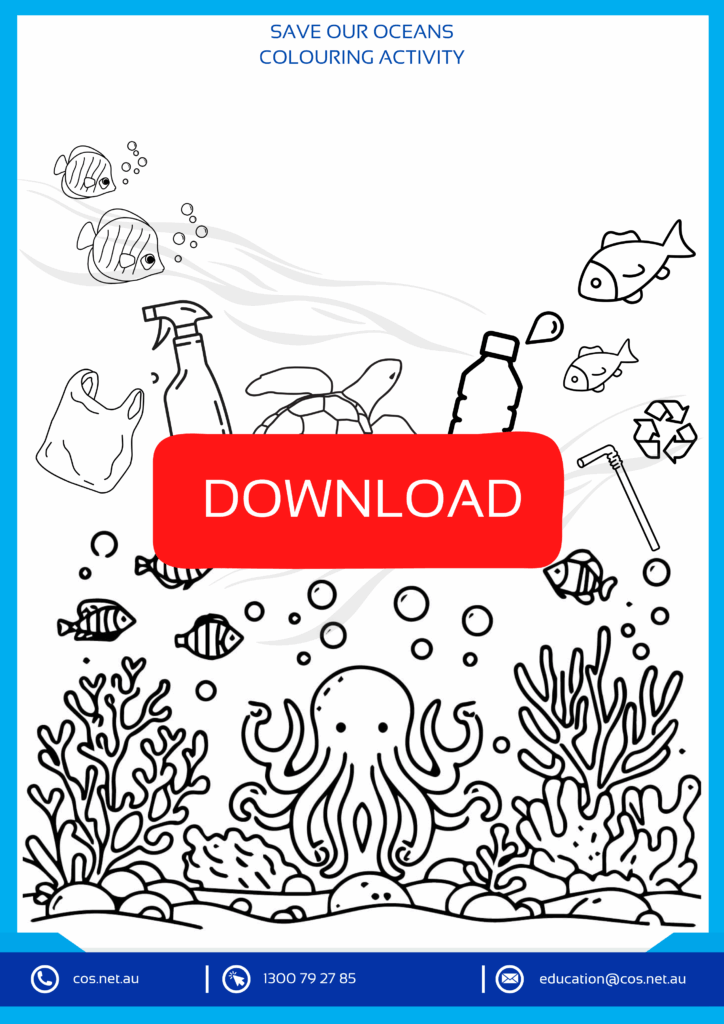 Save our oceans colouring worksheet for kids