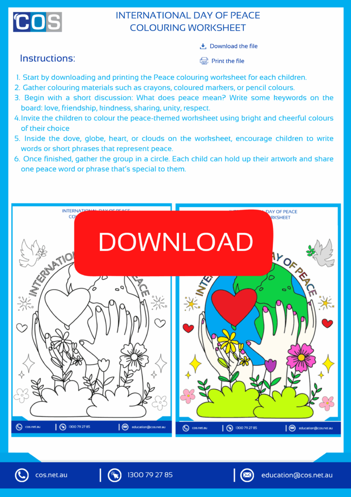 Peace-themed colouring worksheet for kids
