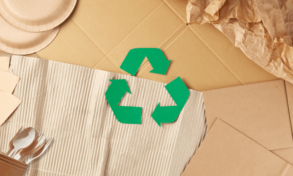 Paper plates, cutlery, cup and recyclable logo