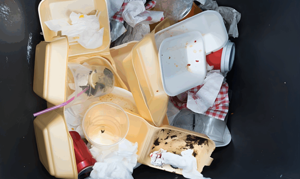 Contaminated food container in bin