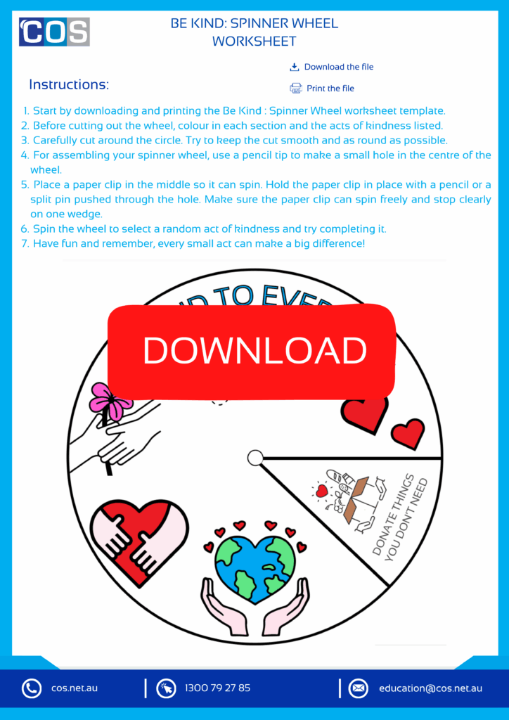 Be Kind : Spinner Wheel Worksheet for kids Instructions