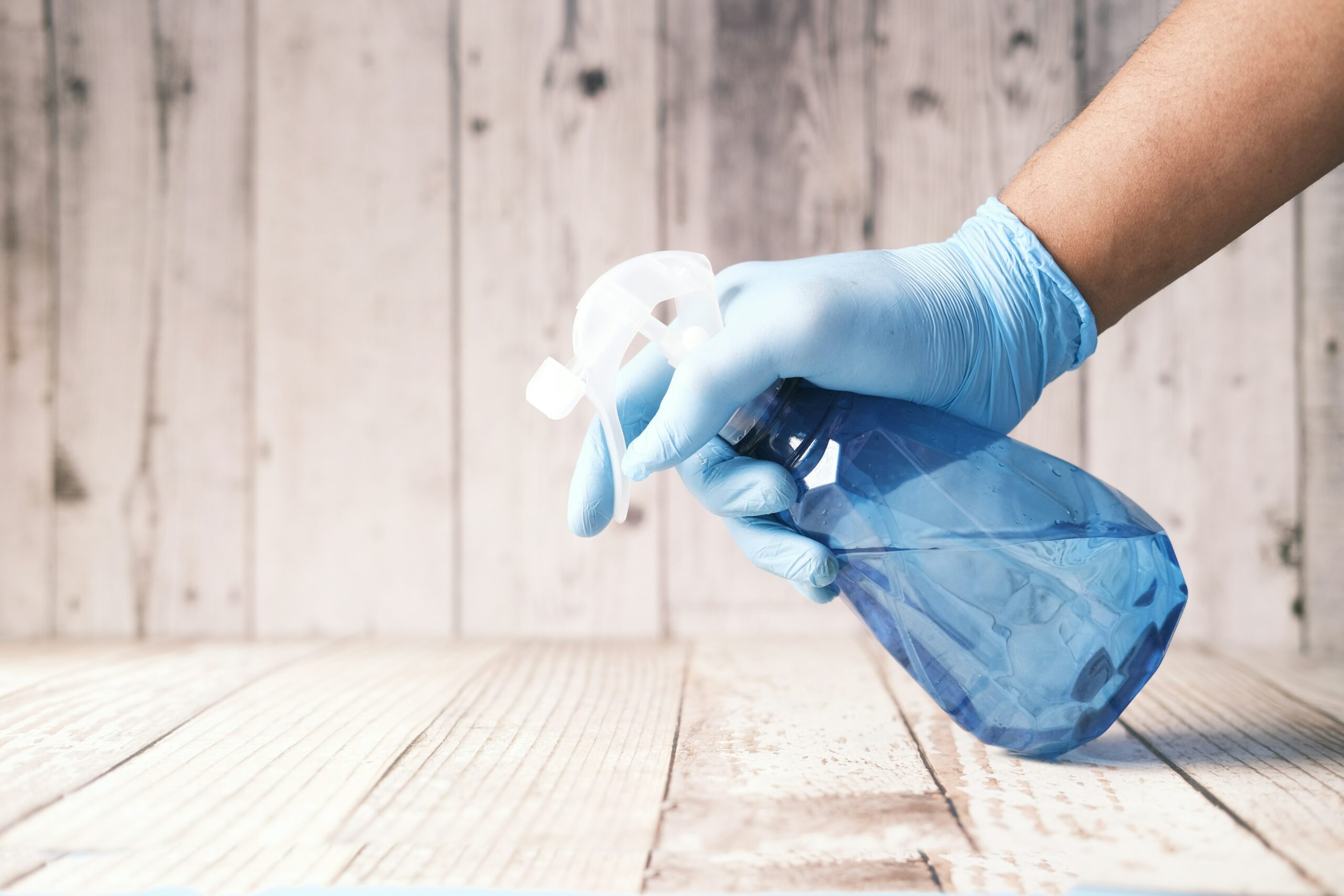 Image of a hand wearing gloves holding a blue trigger spray bottle