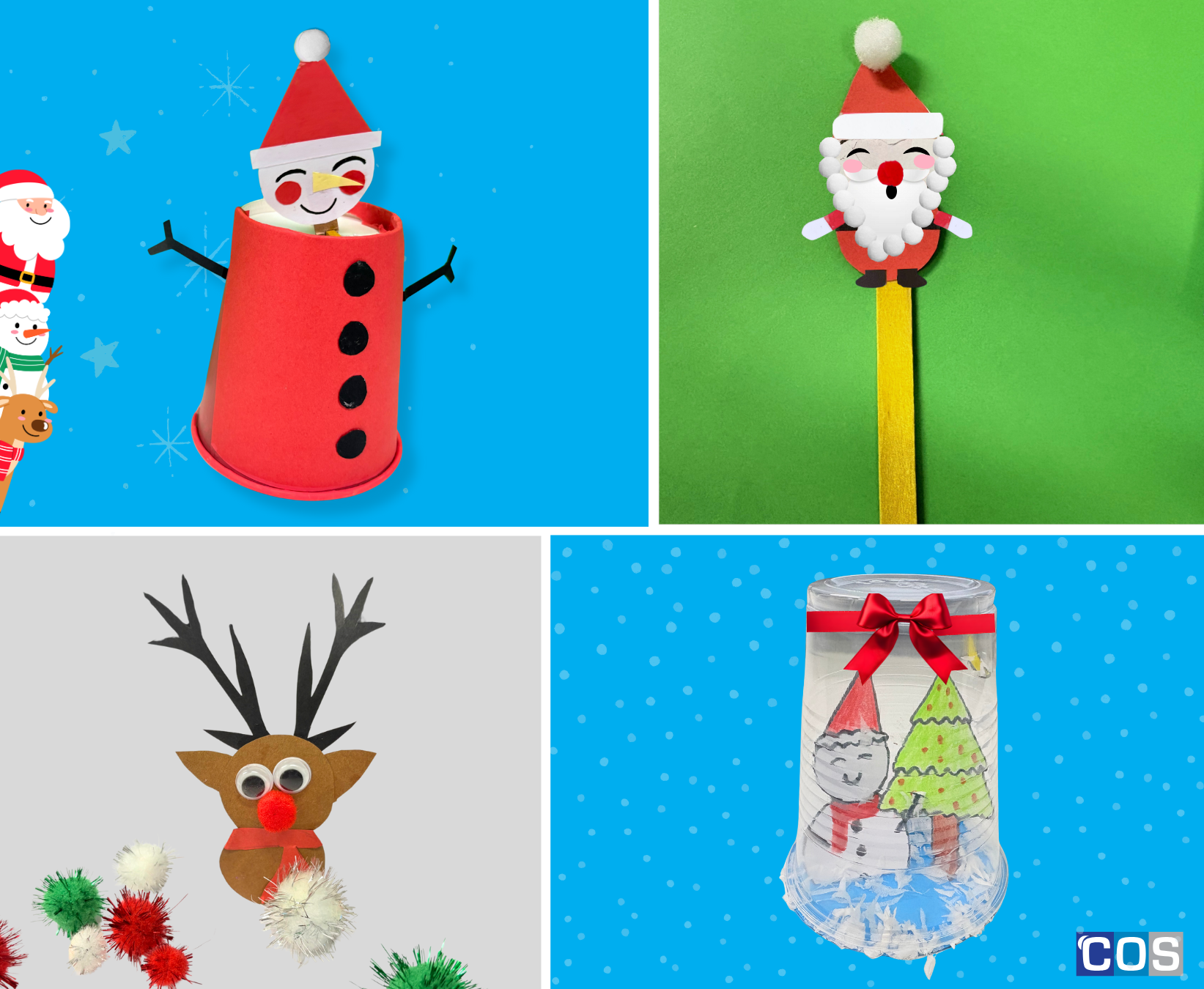 Paper cup snowman, Santa Bookmark, Plastic Cup Snow Globe and Reindeer