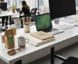 Workplace desk setup with desktop, pencil. pen, coffee, and cleaning supplies